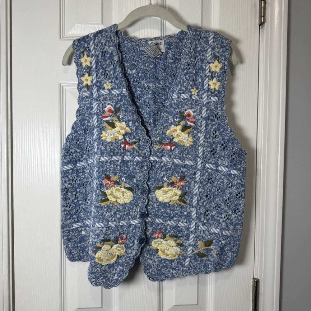 Stephanie Koret Sweater Vest Cardigan‎ Cottage Floral Ribbon Blue Women's Small